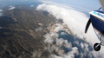 Flying over the historic Town of Cadaqués on the Costa Brava in Spain